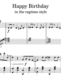 Sheet music and midi files for piano. Happy Birthday to You in Ragtime.