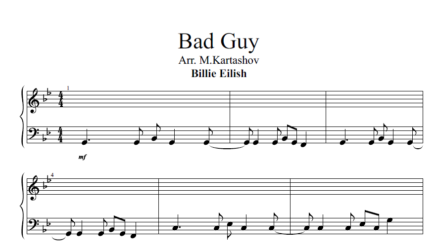 Bad Guy for piano. Sheet music and midi files for piano.