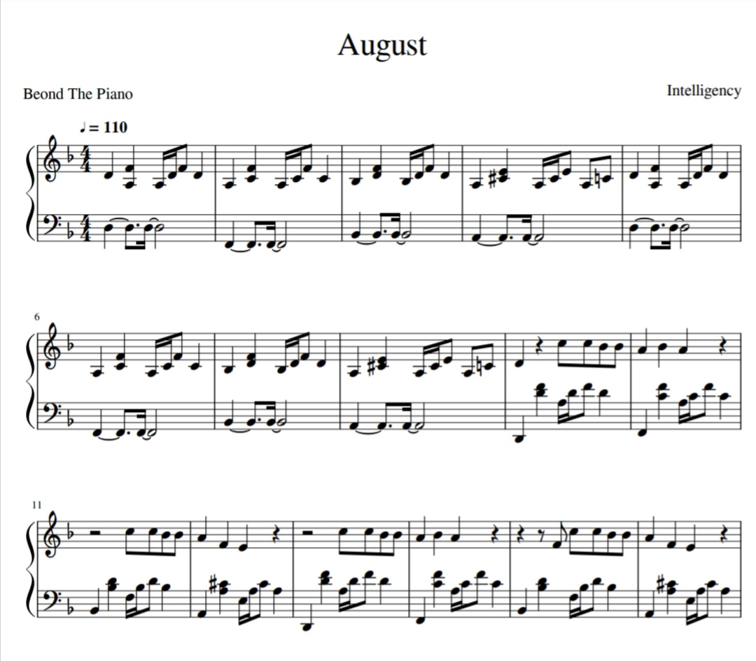 August for piano. Sheet music and midi files for piano.